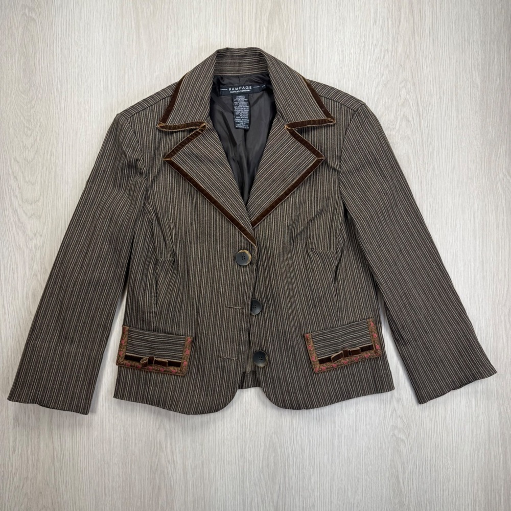 Rampage Pinstripe‎ Velvet Trim Blazer Dark Academia Office Chic Preppy